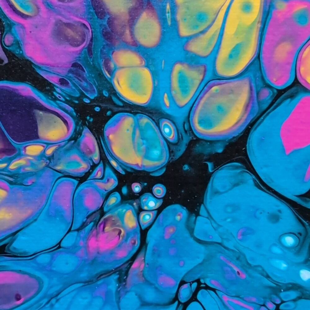 Handmade Acrylic Fluid Art Painting Teal Yellow Magenta Stretched Canvas 10"×10" - Picture 6 of 7
